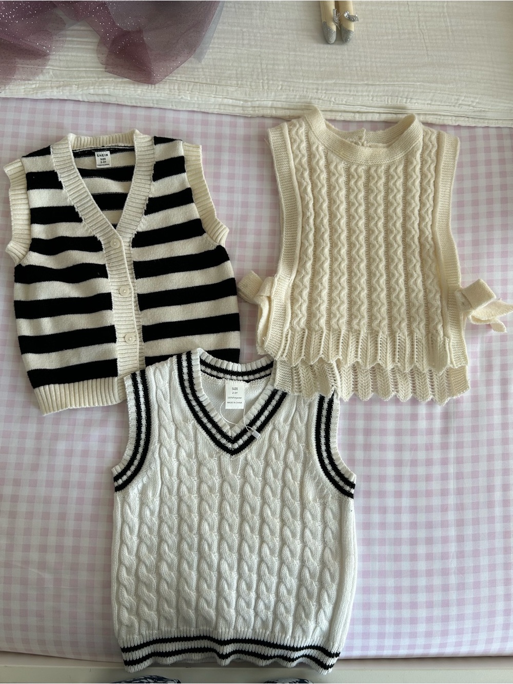 SHEIN Kids Black & Cream Striped and Cable Knit Vest Set